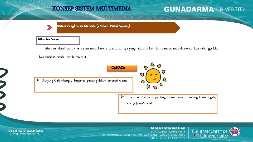 KONSEP SISTEM MULTIMEDIA Sistem Penglihatan Manusia (Human Visual System) Stimulus Visual Stimulus visual masuk