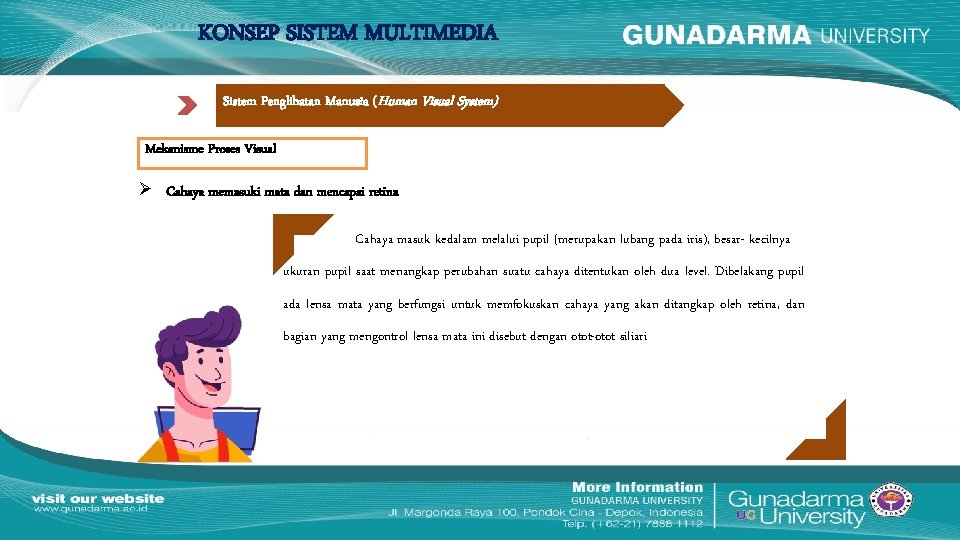 KONSEP SISTEM MULTIMEDIA Sistem Penglihatan Manusia (Human Visual System) Mekanisme Proses Visual Cahaya memasuki