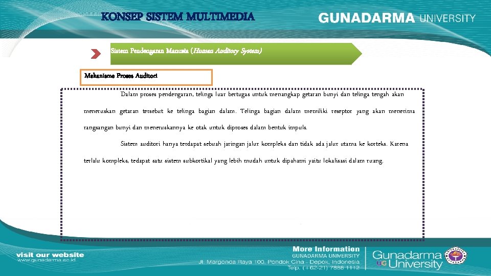 KONSEP SISTEM MULTIMEDIA Sistem Pendengaran Manusia (Human Auditory System) Mekanisme Proses Auditori Dalam proses