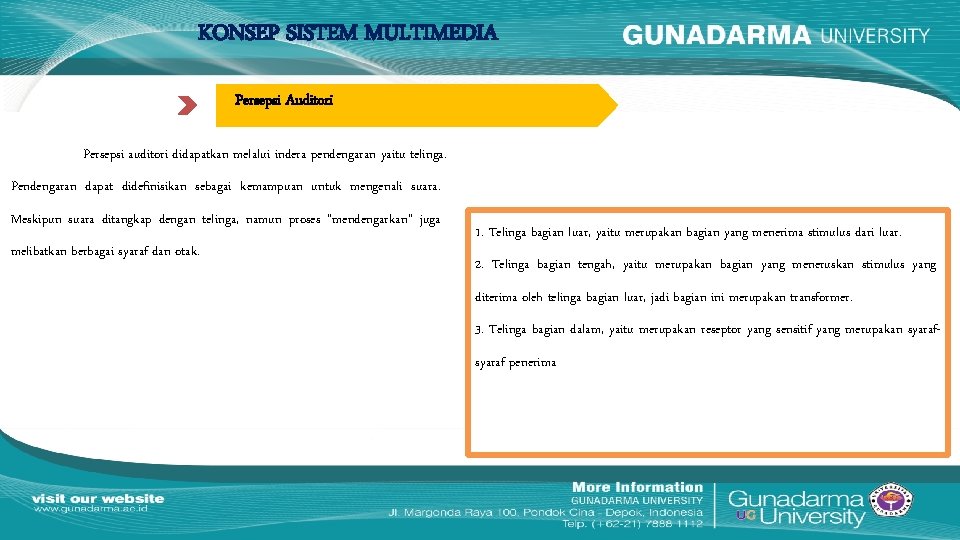 KONSEP SISTEM MULTIMEDIA Persepsi Auditori Persepsi auditori didapatkan melalui indera pendengaran yaitu telinga. Pendengaran