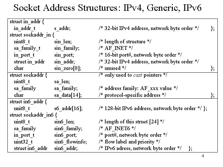 Socket Address Structures: IPv 4, Generic, IPv 6 struct in_addr { in_addr_t s_addr; struct