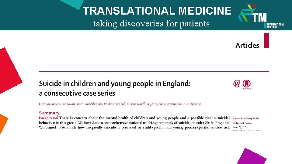 TRANSLATIONAL MEDICINE taking discoveries for patients benefits Descriptive studies – Group Practice 