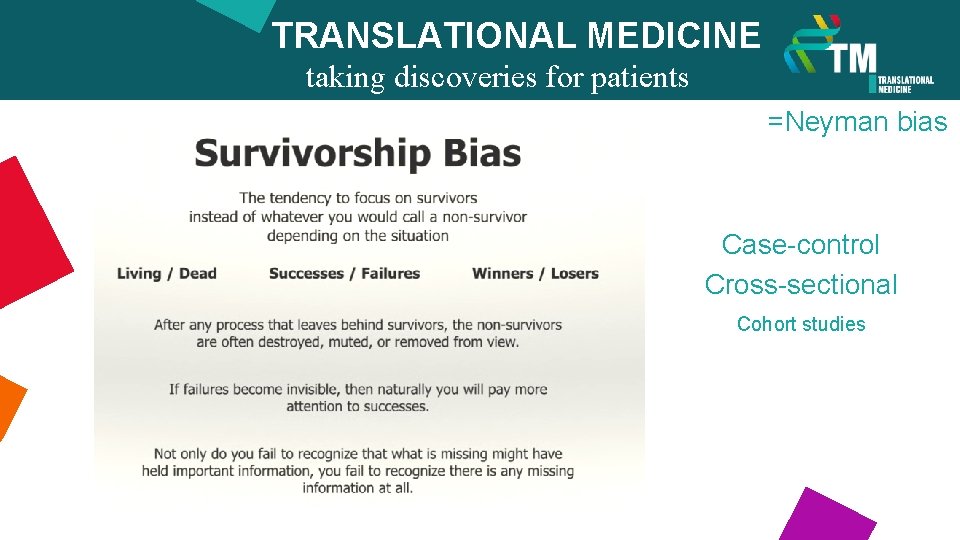 TRANSLATIONAL MEDICINE taking discoveries for patients benefits =Neyman bias Case-control Cross-sectional Cohort studies 