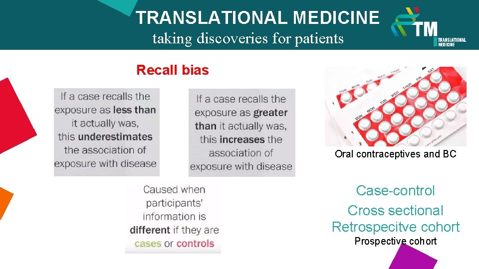 TRANSLATIONAL MEDICINE taking discoveries for patients benefits Recall bias Oral contraceptives and BC Case-control