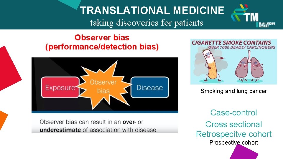 TRANSLATIONAL MEDICINE taking discoveries for patients Observer bias benefits (performance/detection bias) Smoking and lung