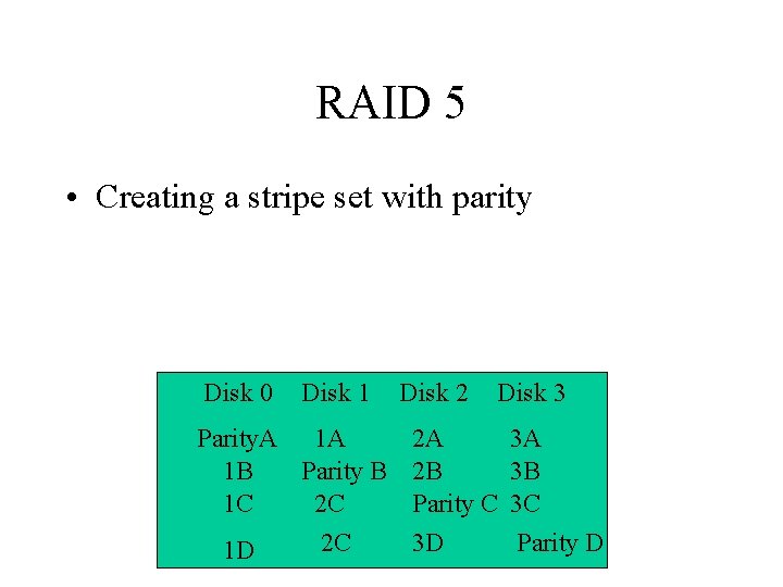 RAID 5 • Creating a stripe set with parity Disk 0 Disk 1 Parity.