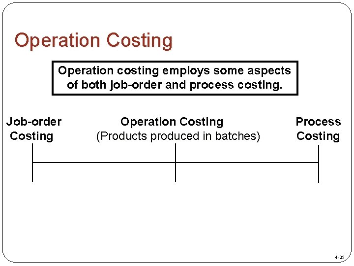 Operation Costing Operation costing employs some aspects of both job-order and process costing. Job-order
