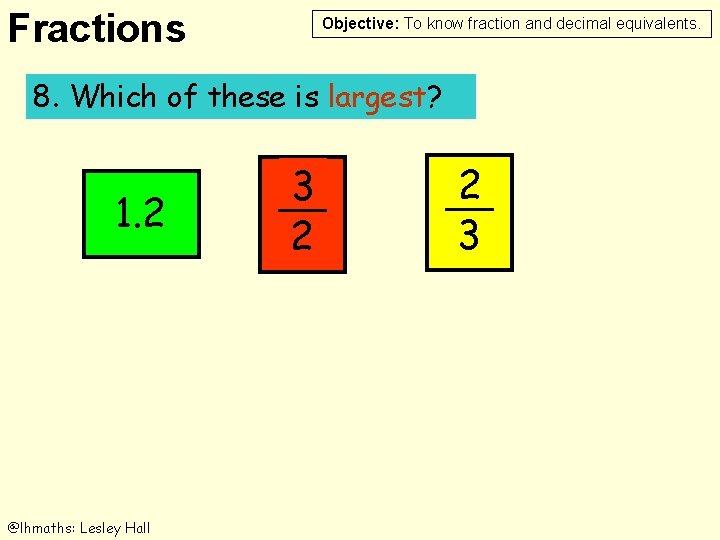 Fractions Objective: To know fraction and decimal equivalents. 8. Which of these is largest?