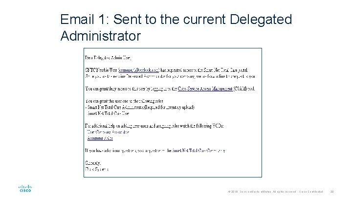 Email 1: Sent to the current Delegated Administrator © 2016 Cisco and/or its affiliates.