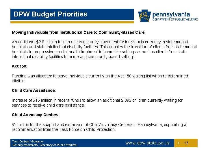 DPW Budget Priorities Moving Individuals from Institutional Care to Community-Based Care: An additional $2.