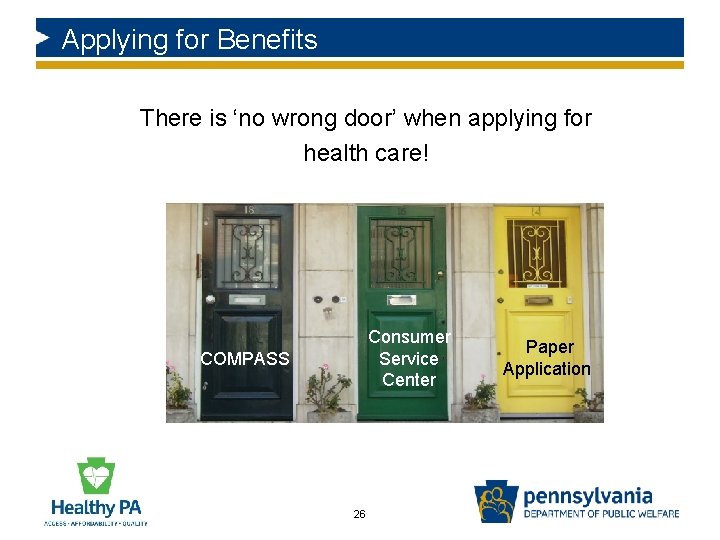 Applying for Benefits There is ‘no wrong door’ when applying for health care! Consumer