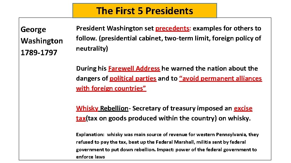 The First 5 Presidents George Washington 1789 -1797 President Washington set precedents: examples for