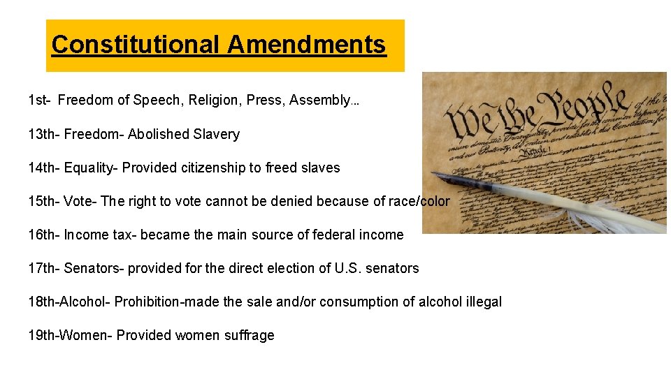 Constitutional Amendments 1 st- Freedom of Speech, Religion, Press, Assembly… 13 th- Freedom- Abolished