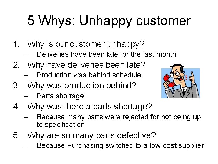 5 Whys: Unhappy customer 1. Why is our customer unhappy? – Deliveries have been