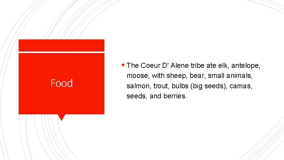 § The Coeur D' Alene tribe ate elk, antelope, Food moose, with sheep, bear,