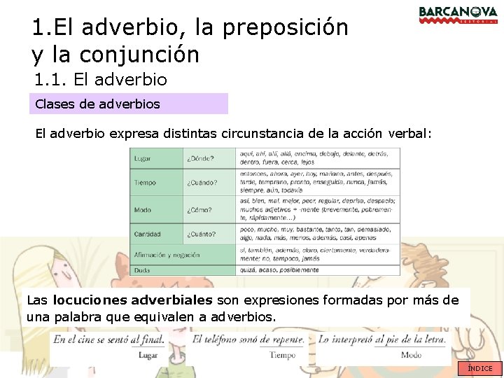 1. El adverbio, la preposición y la conjunción 1. 1. El adverbio Clases de