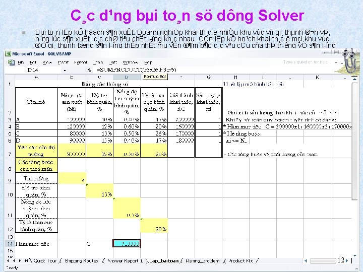 C¸c d¹ng bµi to¸n sö dông Solver n Bµi to¸n lËp kÕ häach s¶n