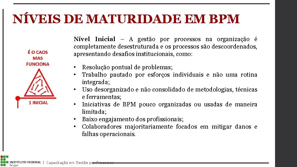 NÍVEIS DE MATURIDADE EM BPM Nível Inicial – A gestão por processos na organização