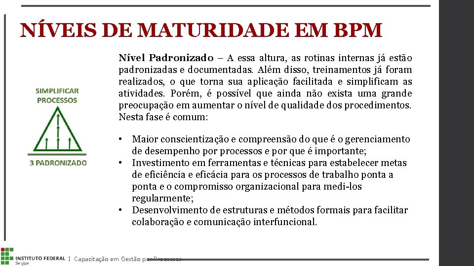 NÍVEIS DE MATURIDADE EM BPM Nível Padronizado – A essa altura, as rotinas internas