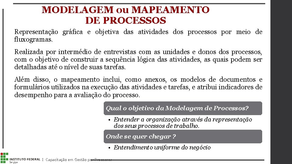 MODELAGEM ou MAPEAMENTO DE PROCESSOS Representação gráfica e objetiva das atividades dos processos por