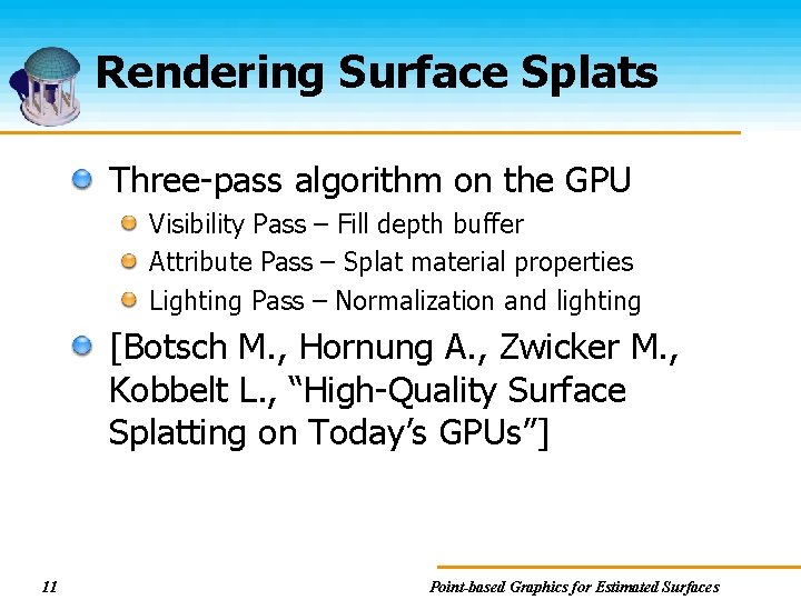 Rendering Surface Splats Three-pass algorithm on the GPU Visibility Pass – Fill depth buffer