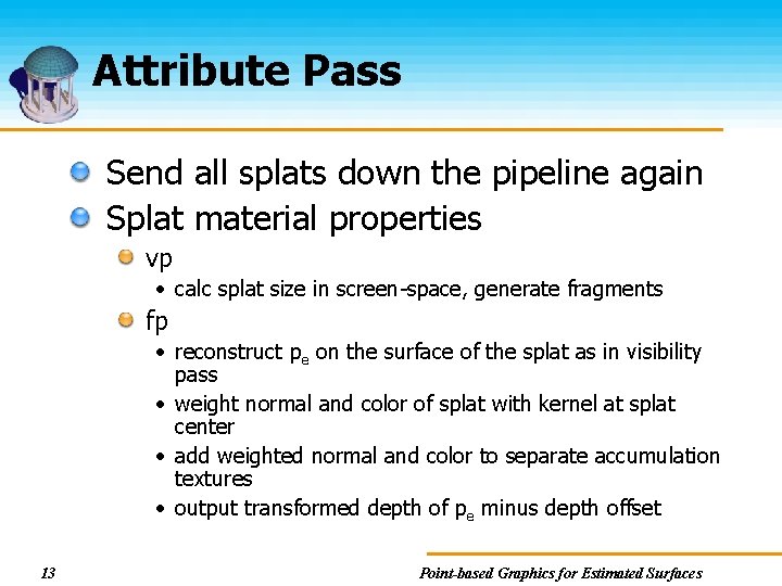 Attribute Pass Send all splats down the pipeline again Splat material properties vp •