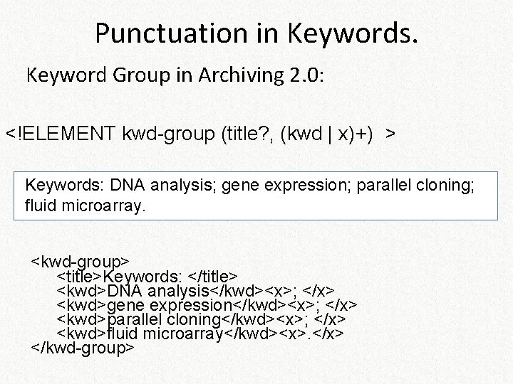 Punctuation in Keywords. Keyword Group in Archiving 2. 0: <!ELEMENT kwd-group (title? , (kwd