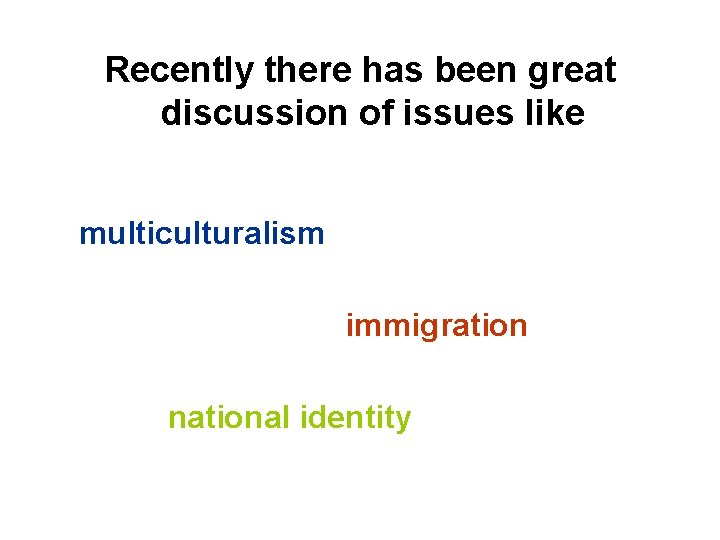 Recently there has been great discussion of issues like multiculturalism immigration national identity 