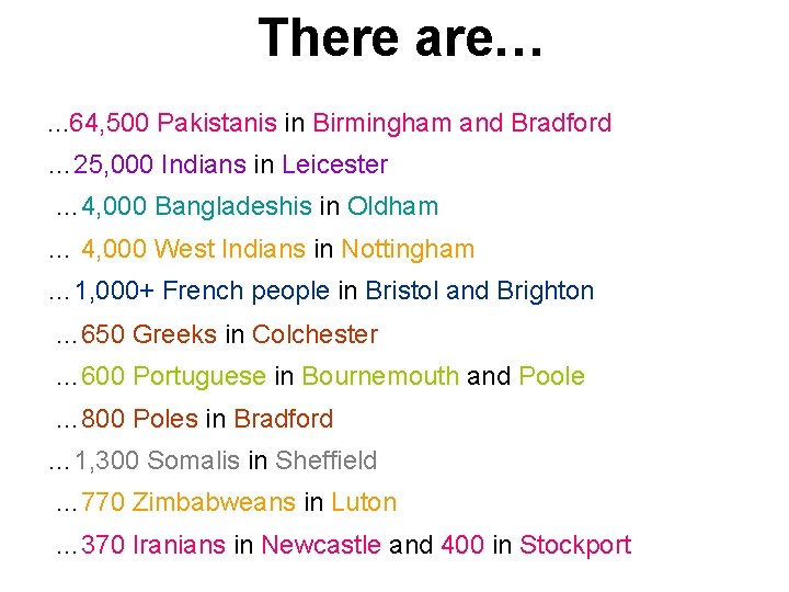 There are… … 64, 500 Pakistanis in Birmingham and Bradford … 25, 000 Indians