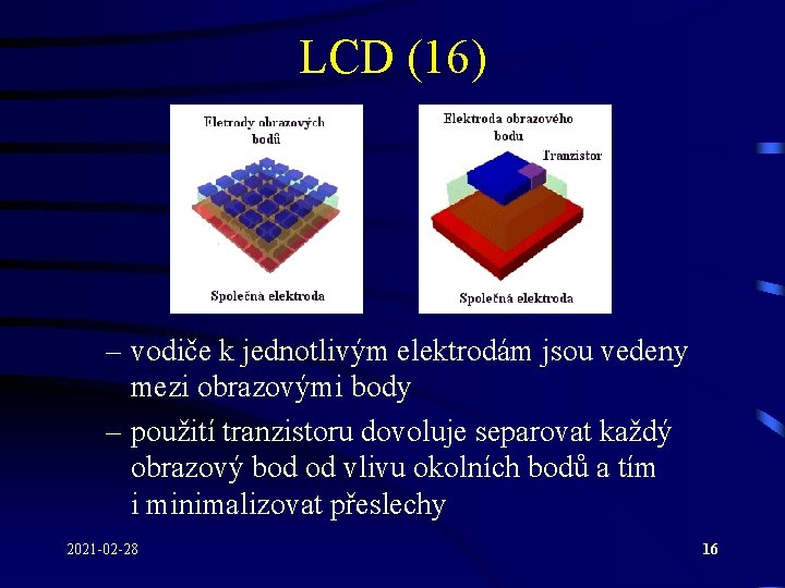 LCD (16) – vodiče k jednotlivým elektrodám jsou vedeny mezi obrazovými body – použití