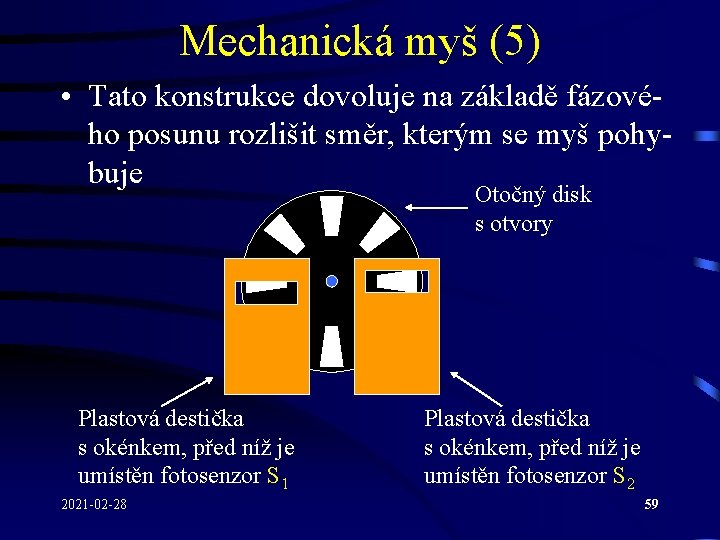 Mechanická myš (5) • Tato konstrukce dovoluje na základě fázového posunu rozlišit směr, kterým Mechanická myš (5) • Tato konstrukce dovoluje na základě fázového posunu rozlišit směr, kterým