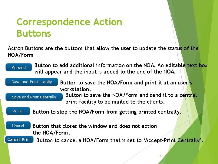 Correspondence Action Buttons are the buttons that allow the user to update the status