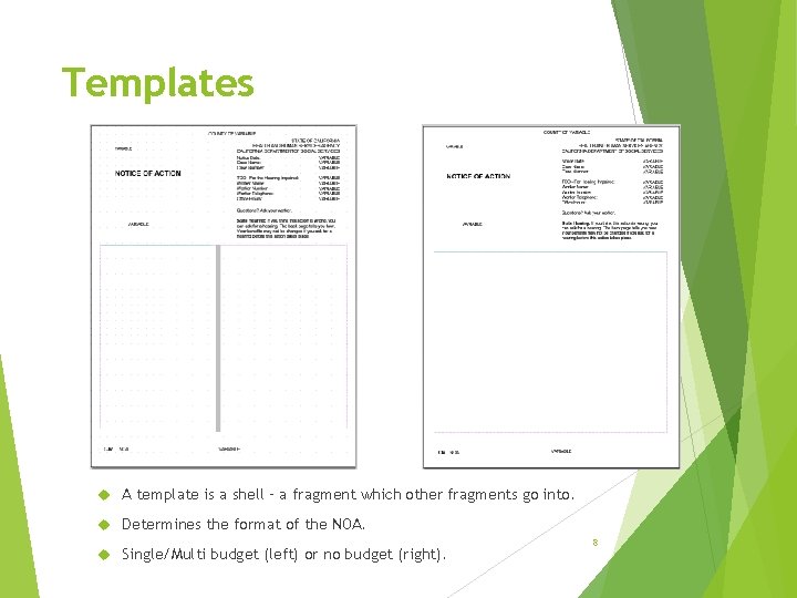 Templates A template is a shell – a fragment which other fragments go into.