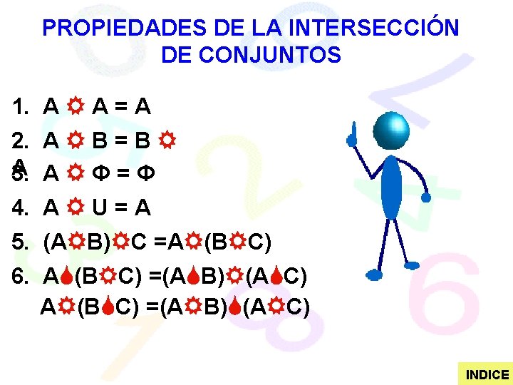 PROPIEDADES DE LA INTERSECCIÓN DE CONJUNTOS 1. A A = A 2. A B