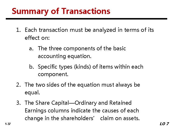Summary of Transactions 1. Each transaction must be analyzed in terms of its effect