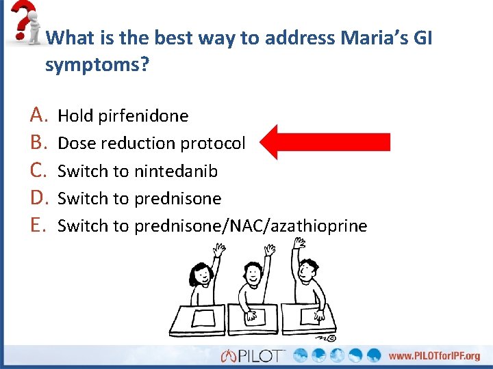 What is the best way to address Maria’s GI symptoms? A. B. C. D.