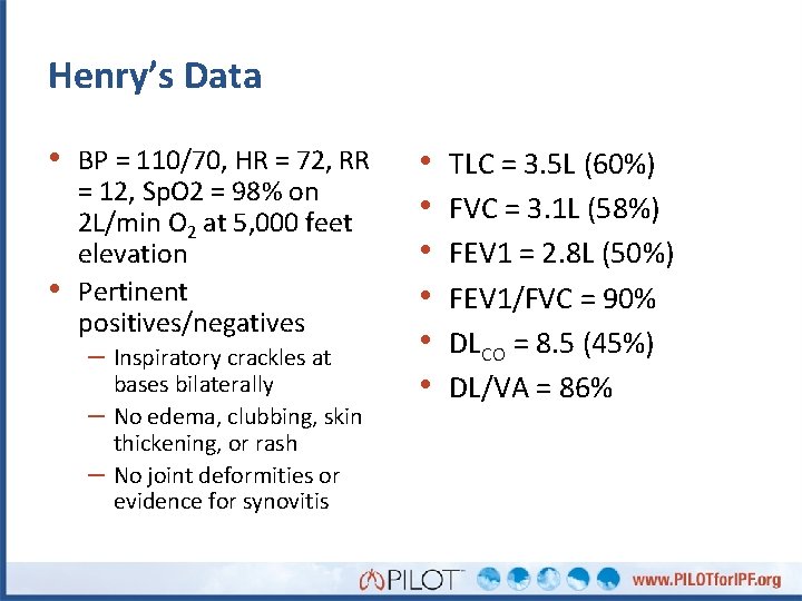 Henry’s Data • BP = 110/70, HR = 72, RR • = 12, Sp.