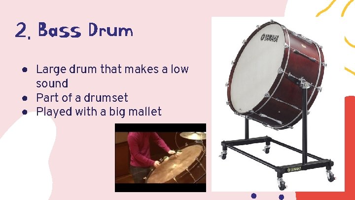 2. Bass Drum ● Large drum that makes a low sound ● Part of