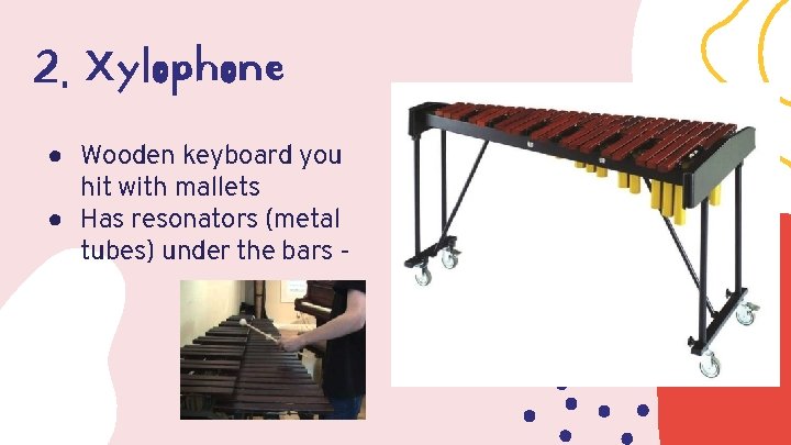 2. Xylophone ● Wooden keyboard you hit with mallets ● Has resonators (metal tubes)