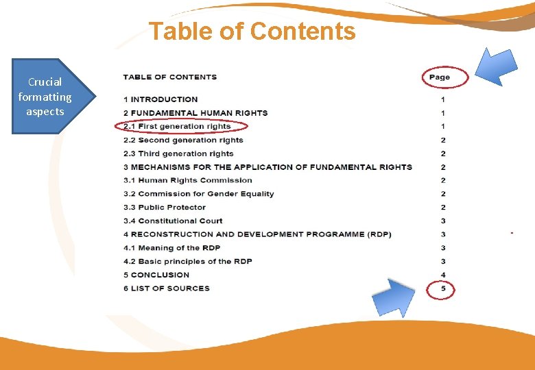 Table of Contents Crucial formatting aspects 