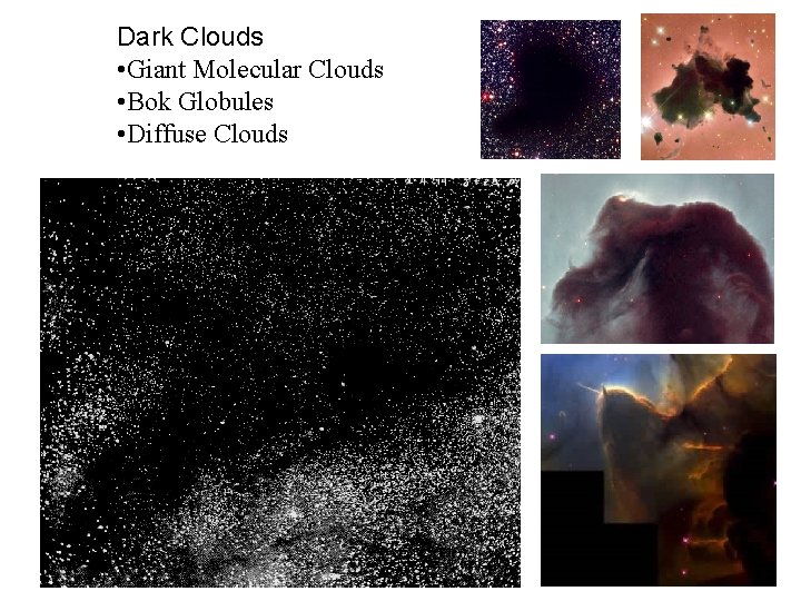 Dark Clouds • Giant Molecular Clouds • Bok Globules • Diffuse Clouds 