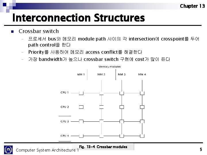 Chapter 13 Interconnection Structures n Crossbar switch - 프로세서 bus와 메모리 module path 사이의 Chapter 13 Interconnection Structures n Crossbar switch - 프로세서 bus와 메모리 module path 사이의