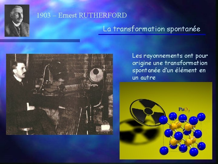 1903 – Ernest RUTHERFORD La transformation spontanée Les rayonnements ont pour origine une transformation