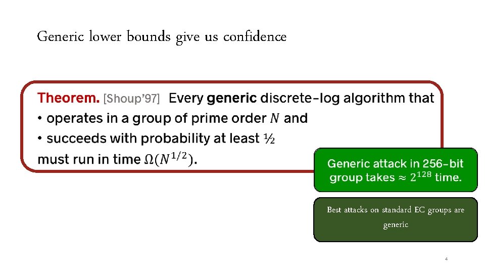 Generic lower bounds give us confidence • Best attacks on standard EC groups are