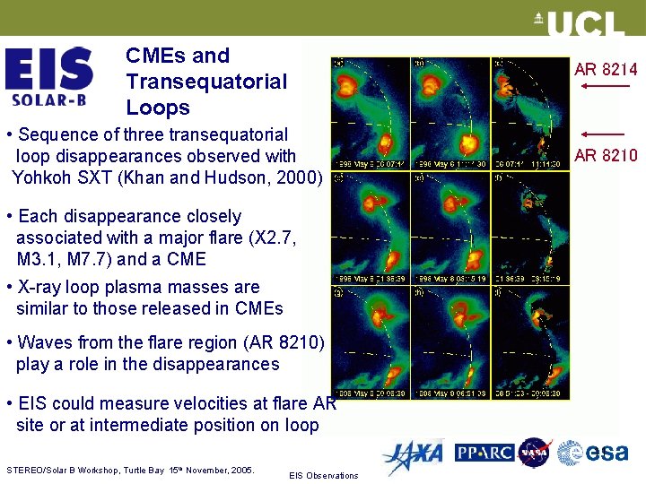 CMEs and Transequatorial Loops AR 8214 • Sequence of three transequatorial loop disappearances observed