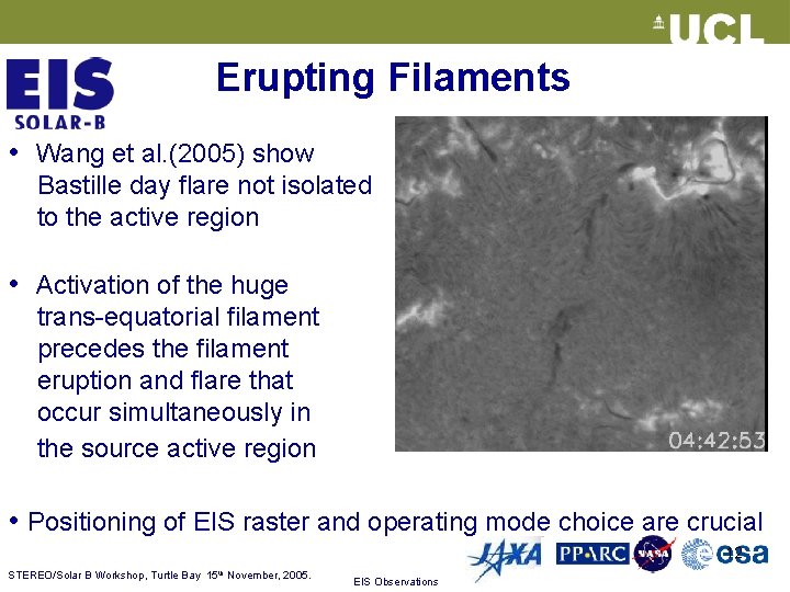 Erupting Filaments • Wang et al. (2005) show Bastille day flare not isolated to