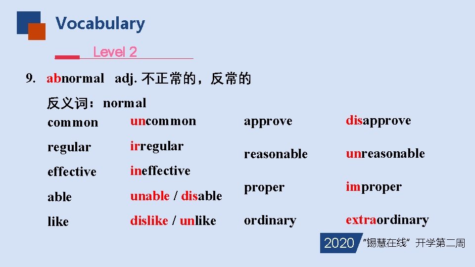 Vocabulary Level 2 9. abnormal adj. 不正常的，反常的 反义词：normal uncommon regular irregular effective ineffective able