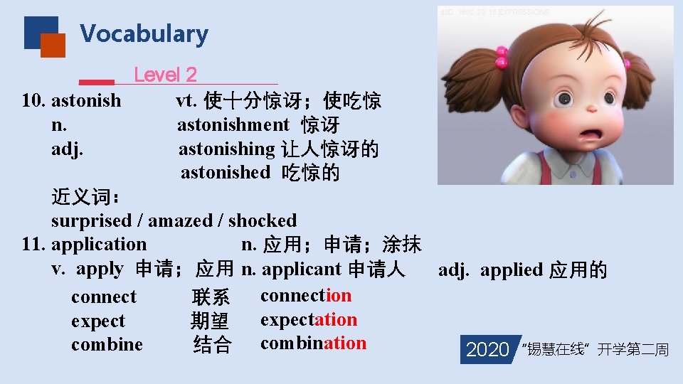 Vocabulary Level 2 10. astonish vt. 使十分惊讶；使吃惊 n. astonishment 惊讶 adj. astonishing 让人惊讶的 astonished