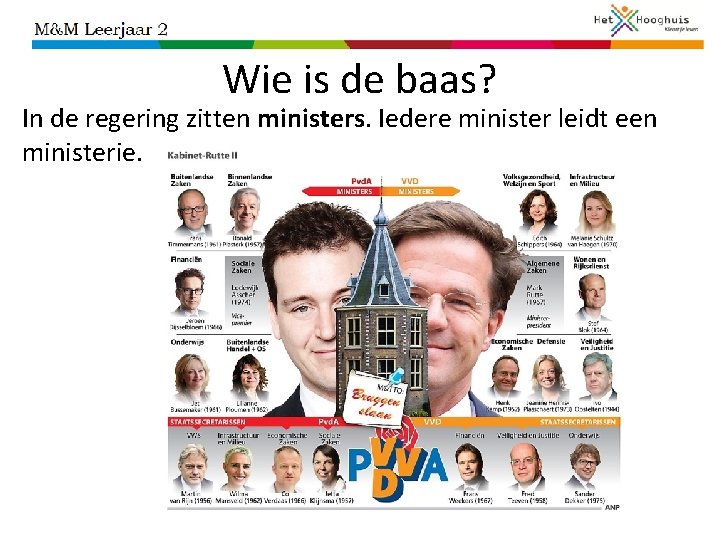 Wie is de baas? In de regering zitten ministers. Iedere minister leidt een ministerie.