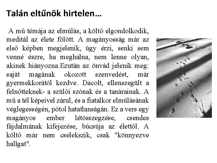 Talán eltűnök hirtelen… A mű témája az elmúlás, a költő elgondolkodik, meditál az élete